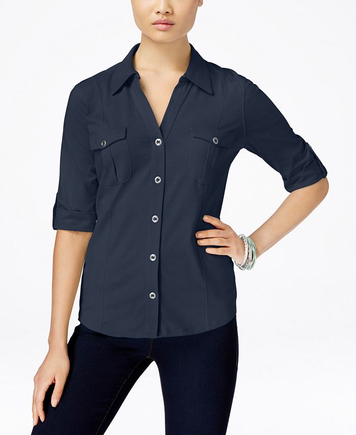 Style & Co Cotton RollTabSleeve ButtonFront Shirt, Created for Macy