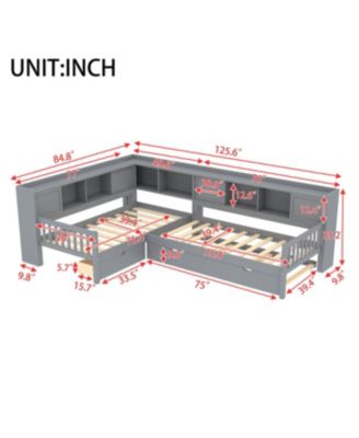 Streamdale L-shaped Twin Platform Bed with Trundle, Storage Drawers & Shelves, Grey