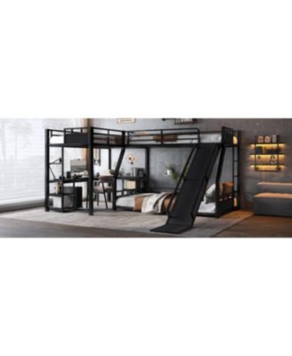 L-Shaped Metal Bunk Bed with Twin Loft, Desk, Storage, and Slide (Black)