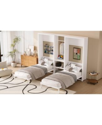 Twin Murphy Bed with Wardrobe, Shelves & Power Outlets, White