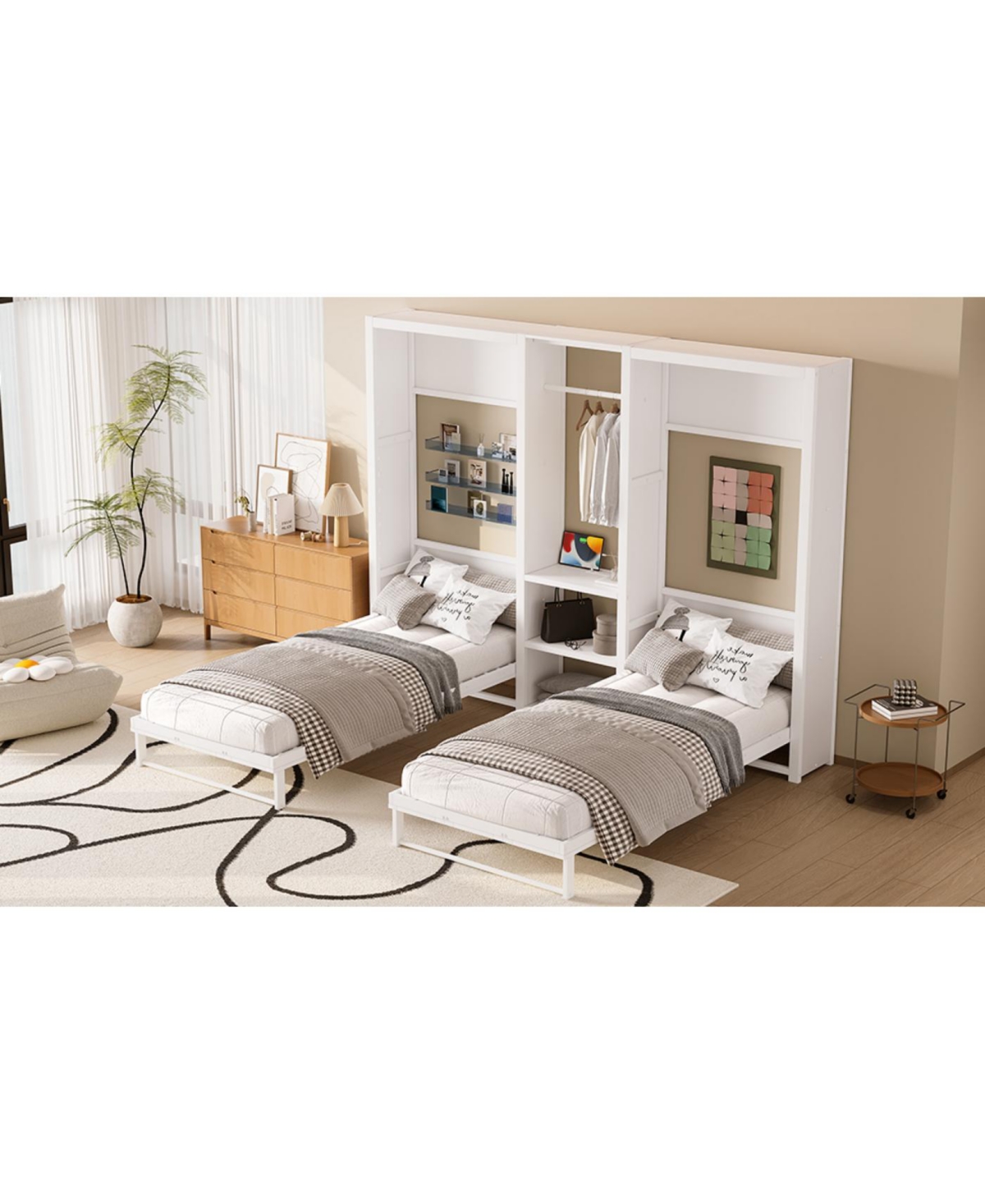 Streamdale Furniture Twin Murphy Bed with Wardrobe, Shelves & Power Outlets, White