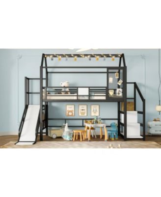 Streamdale Twin Loft Bed with Slide, Stairs, Storage & House Roof - Black
