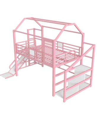  Full House Loft Bed with Slide, Stairs, Storage, Pink