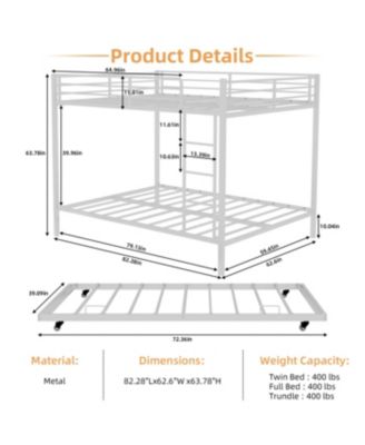 Durable Square Tube Iron Bunk Bed with Safety Rails - Queen Size