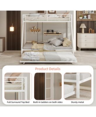  High-Stability Square Tube Bunk Bed with Ladder & Trundle - White