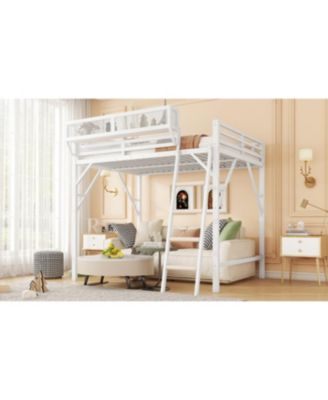  Queen Size Loft Bed with Ladder and Storage Shelves, White