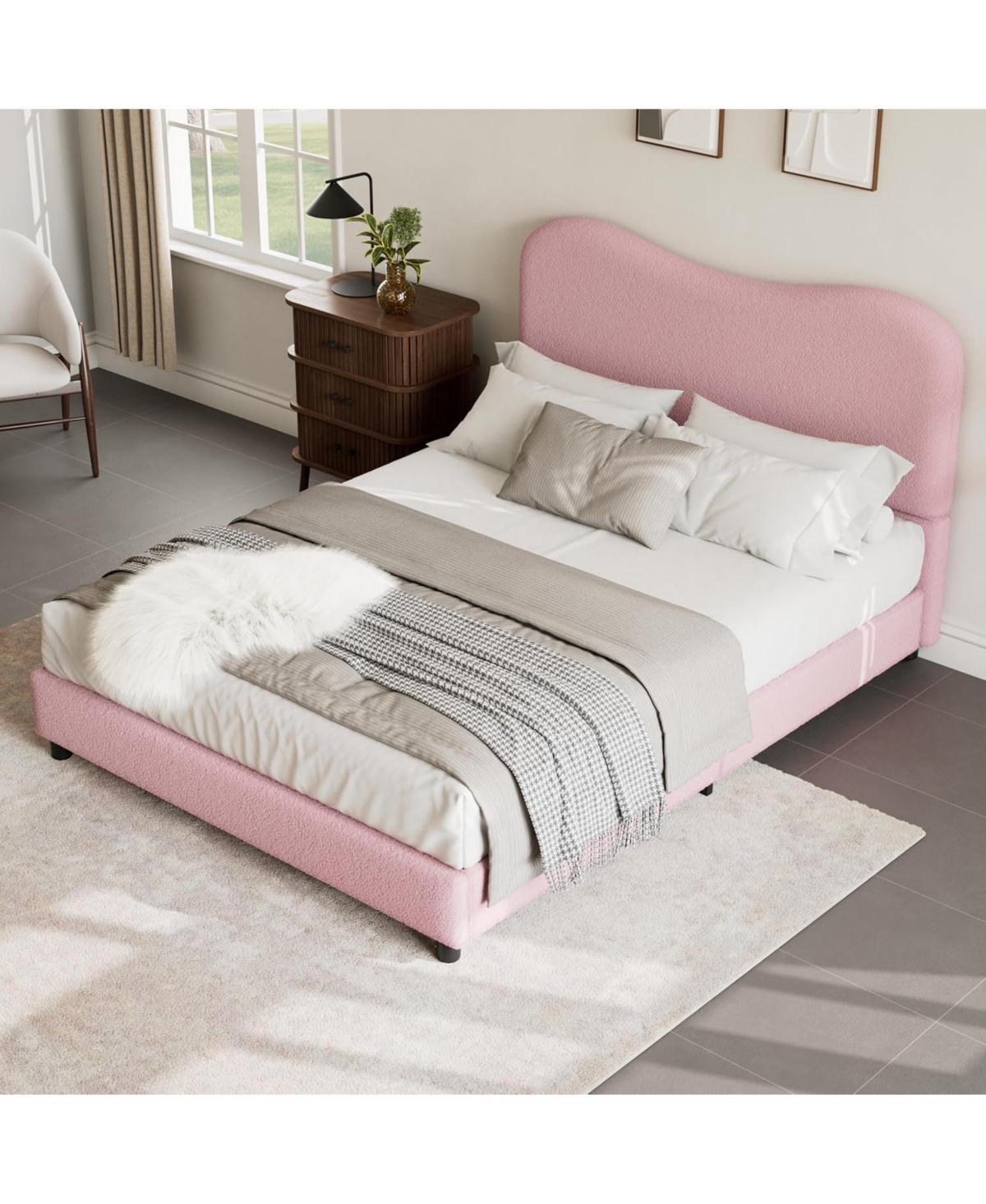 gaomon Kids Bed Frame with Upholstered Headboard, Low Profile Sturdy Platform Soft Boucle Fabric for Girls and Boys, Heavy Duty