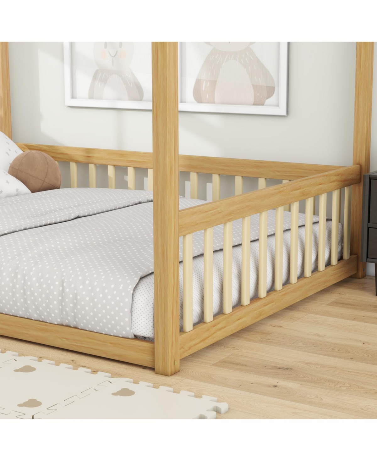 Streamdale Furniture Full Size Canopy Frame Rubber Wood Floor Bed with Fence, Guardrails