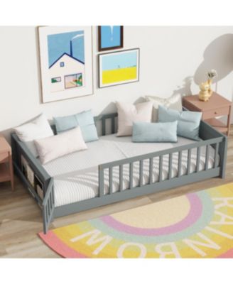 Twin Size Floor Bed with Built-in Book Rack and Door, Grey