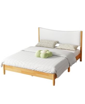 Queen Size Solid Rubber Wood Bed with Boucle Headboard, Beech White