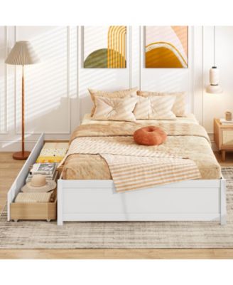 Wooden Platform Bed with 2 Rolling Storage Drawers Wood Slat Support