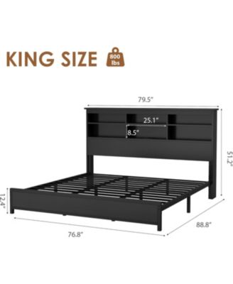 King Size Bed Frame with Bookcase Headboard, 2-Tier Storage Platform Bed with USB Charging Station, No Box Spring Needed, Easy Assembly