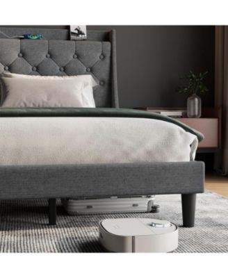 Upholstered Bed Frame with Deep Button Tufted Headboard, Wood Slats, Storage Shelf & Charging Station