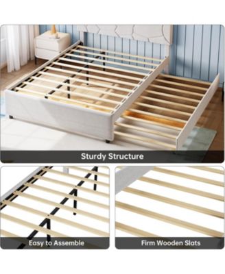 Twin/Full Trundle Bed Frame with Upholstered Headboard, Pull-Out Platform & Wood Slats for Bedroom or Guest Room - Queen