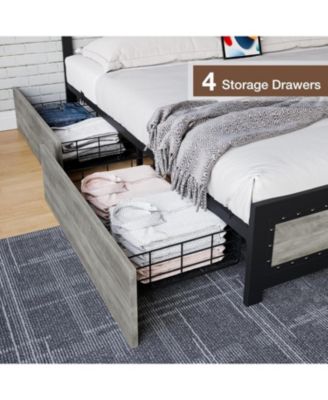 Bed Frame with Four Storage Drawers and Charging Station, Riveted Headboard Platform Bed with Metal Slat Frame, No Box Spring Required