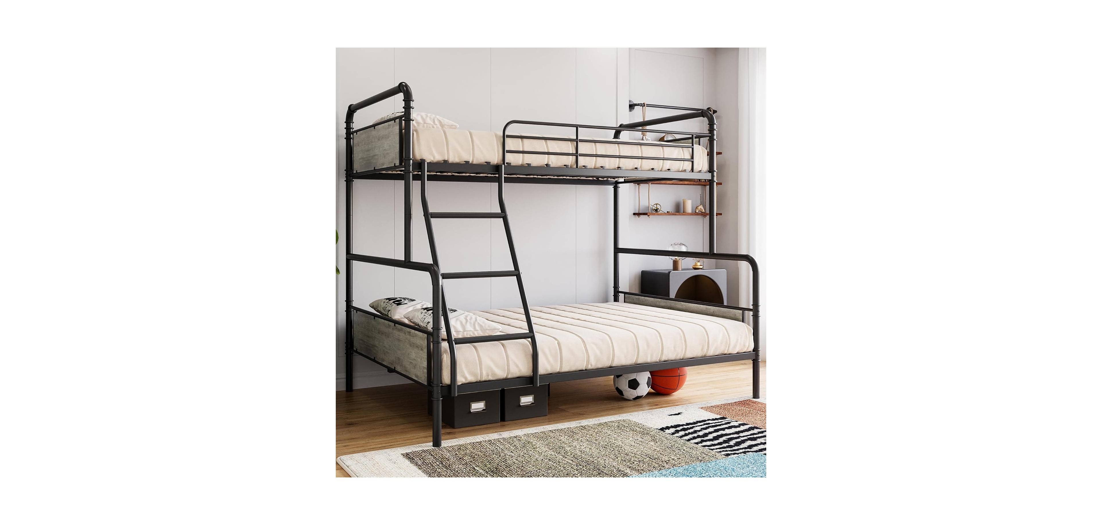 Gaomon Bunk Bed Twin Over Full Size with High Guardrail and Ladder,Twin Size Convertible Metal Bunk Beds for Kids/Teens/Adults,Easy Assembly