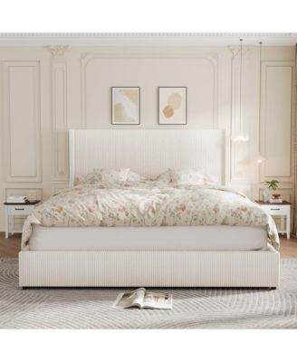 Upholstered Bed Frame with Storage Drawer and LED Headboard, Wooden Slat Support, Easy to Assemble