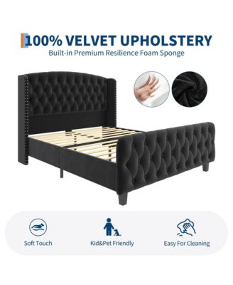 Bed Frame with Deep Button Tufted Wingback Headboard and Footboard, Velvet Upholstered Platform Frame, No Box Spring, Easy Assembly