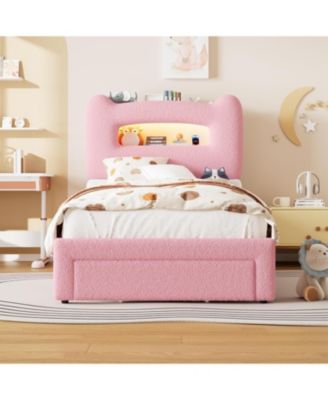 Upholstered Twin Bed Frame with Storage Headboard, Platform Bed with Drawer for Kids