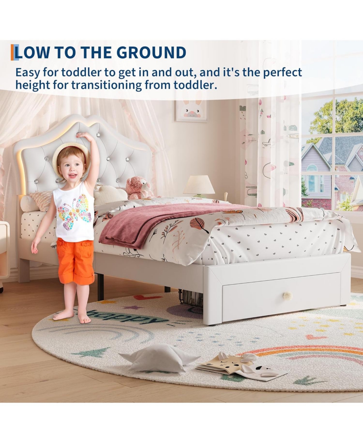 gaomon Twin Velvet Upholstered Platform Bed with Led Lights, Crystal Button Headboard, Storage Drawer, Noise-Free, No Box Spring Needed