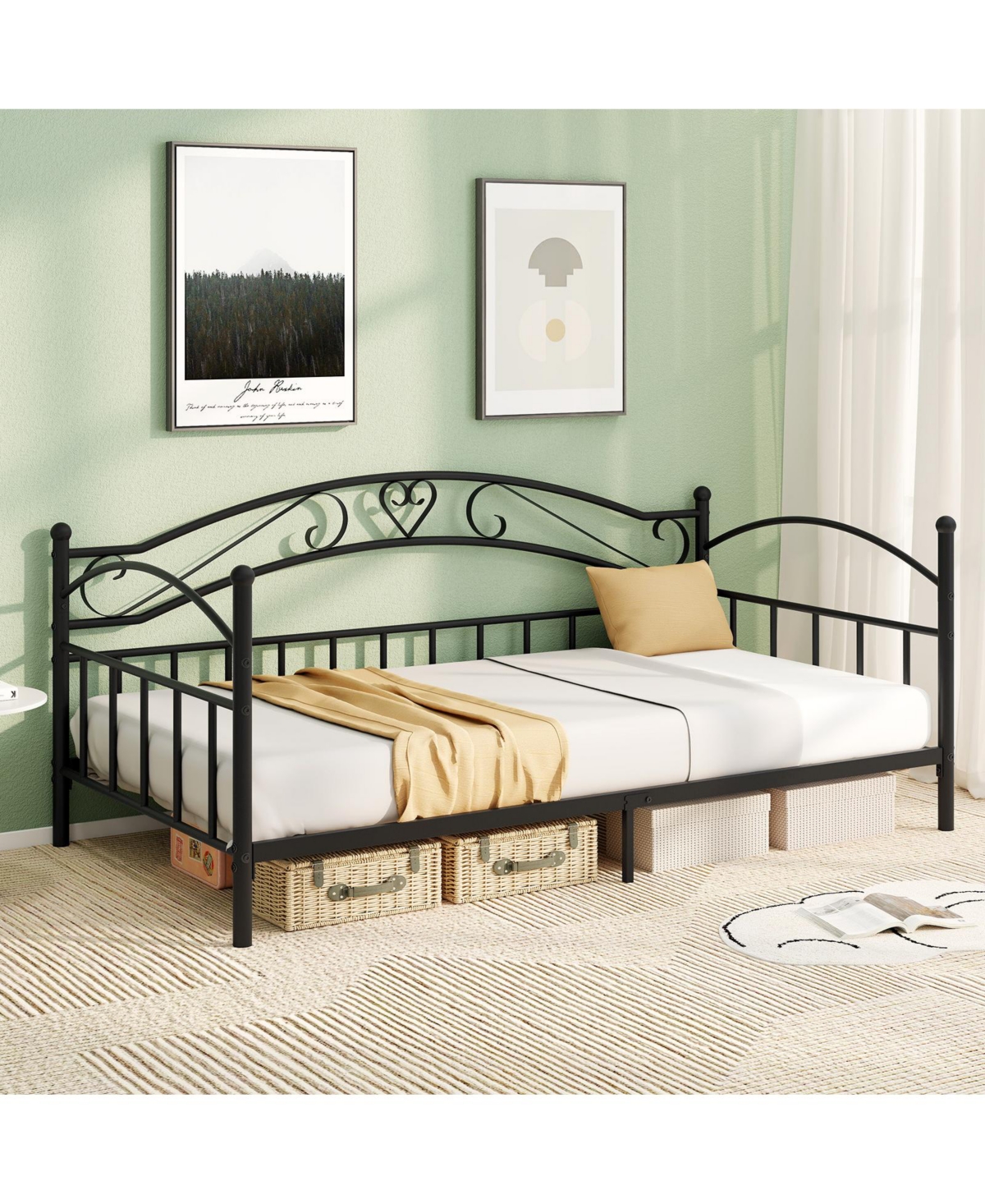 Gymax Twin Size Metal Daybed Frame w/ Headboard Heavy-Duty Metal Slats Support