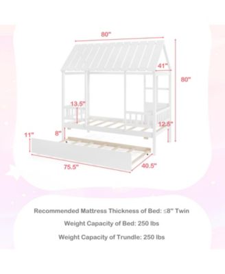Twin Size House Bed w/ Trundle Roof Window & Safety Guardrails Slats Support