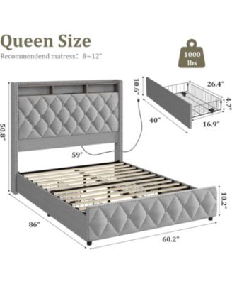 Queen Size Velvet Bed Frame with 51" Tall Headboard, 4 Storage Drawers, USB, LED Lights, Grey
