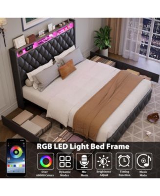 Queen Size Leather Bed Frame with 51" Tall Headboard, 4 Storage Drawers, USB, LED Lights