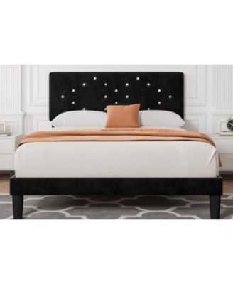 Queen Size Upholstered Platform Bed with Button Tufted Headboard, Under Bed Storage, Sturdy Wood Slats, Black