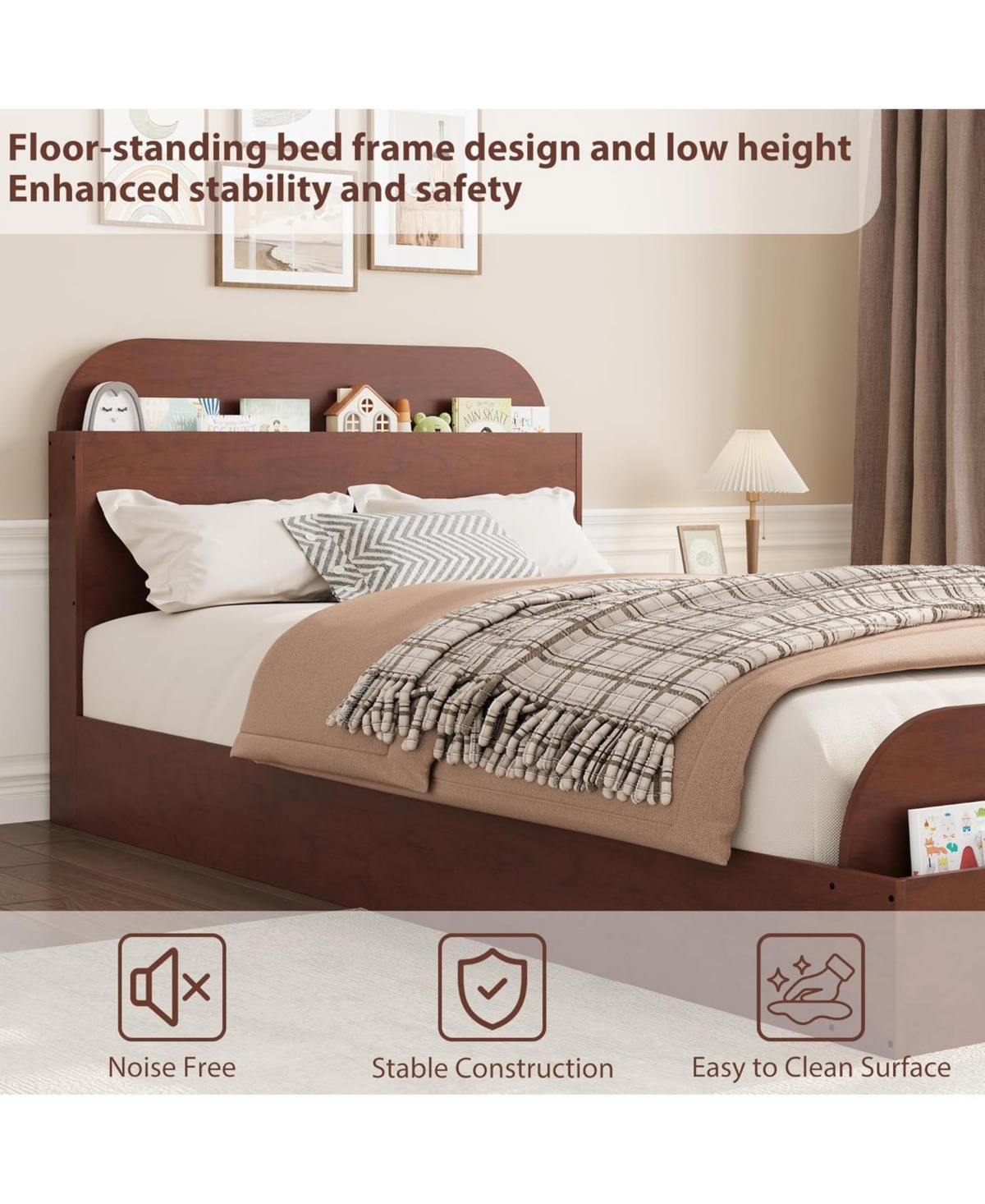 gaomon Twin Size Kids Bed Frame with Storage Headboard & Footboard, Low Profile Wood Platform, Strong Slats, Walnut