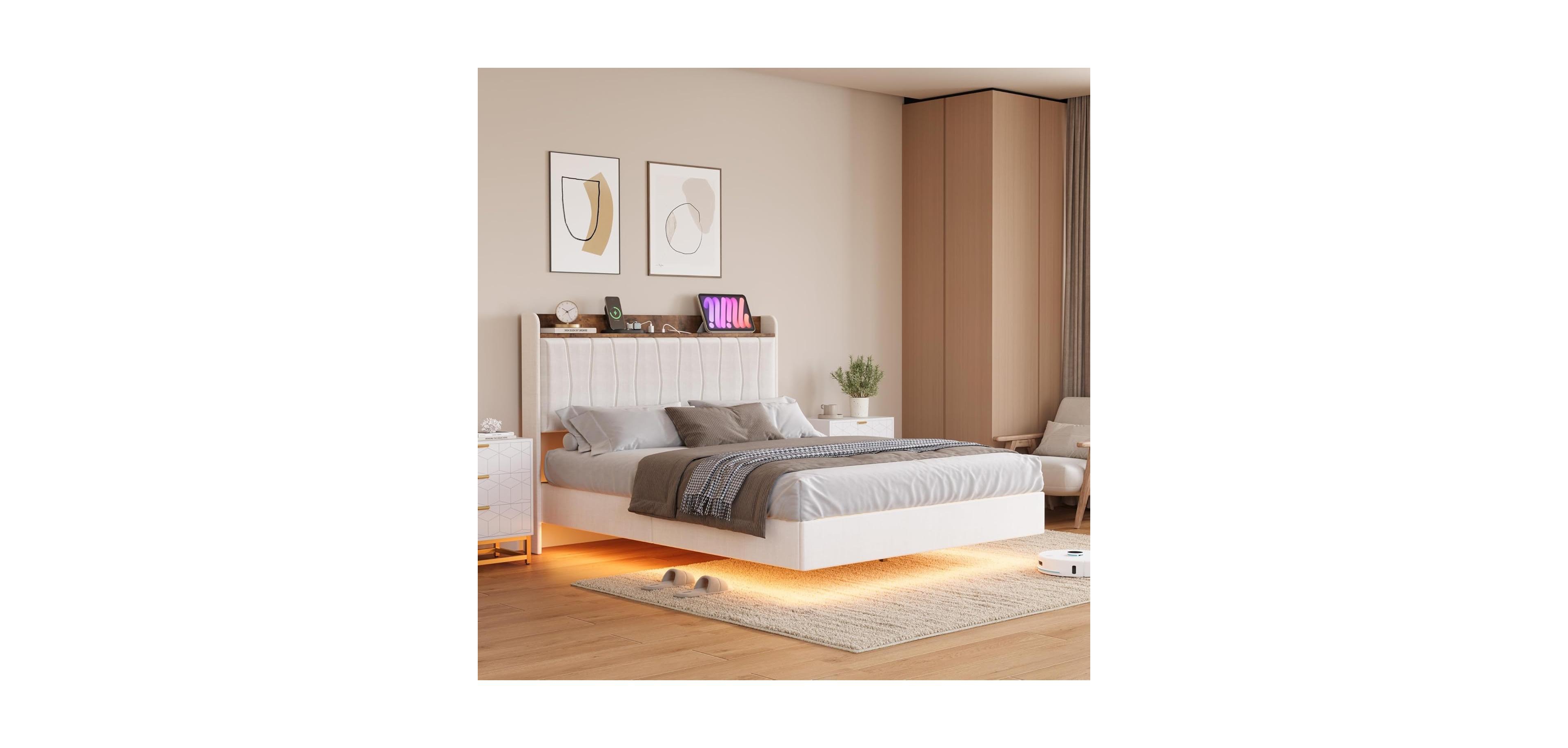 gaomon Full Size Floating Bed Frame with Rgb Led Lights, Usb Charging Station, Upholstered, No Box Spring Needed, White