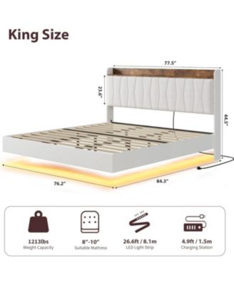 King Size Floating Bed Frame with LED Lights, Charging Station, Storage Headboard, No Box Spring Needed, White
