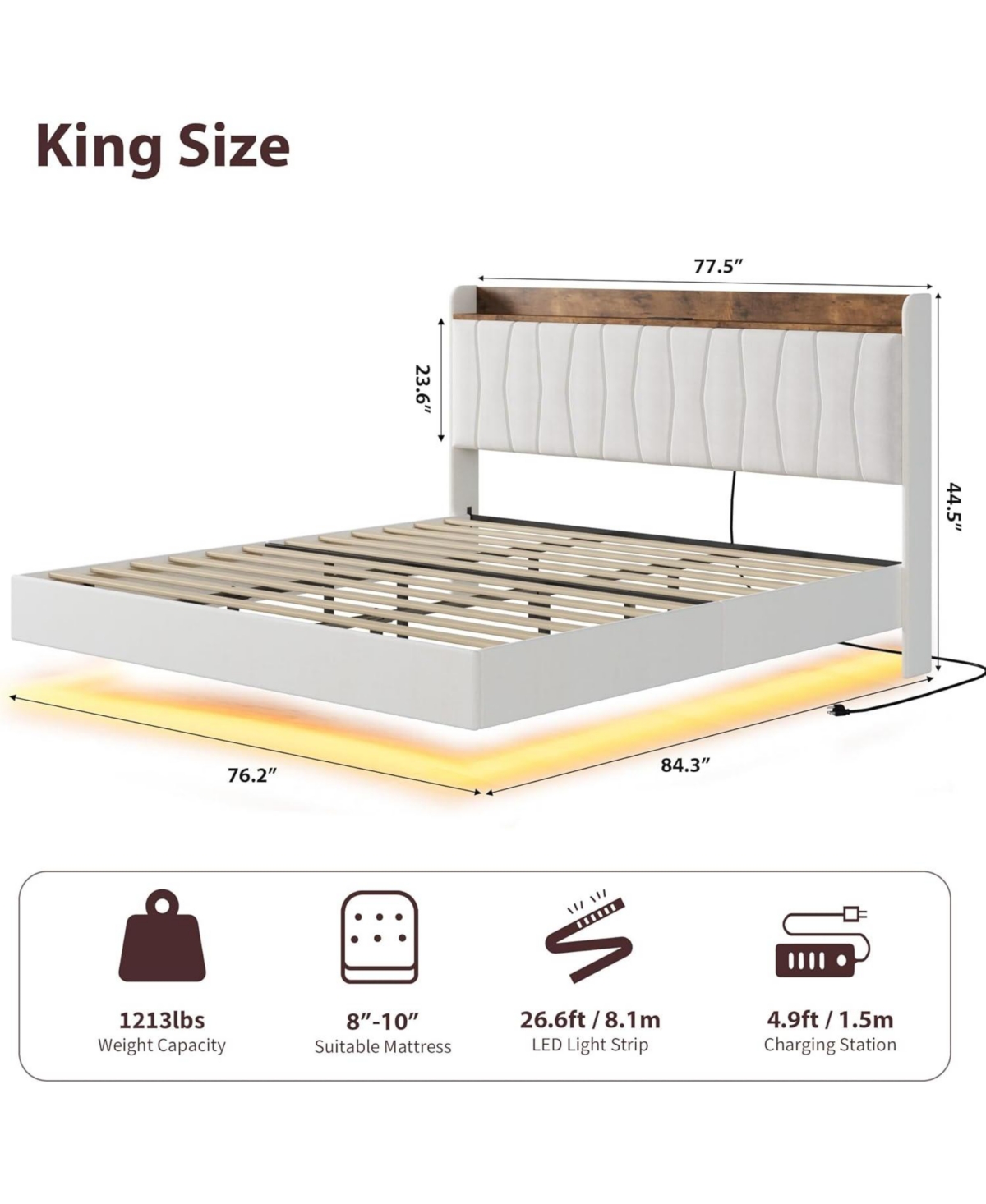 gaomon King Size Floating Bed Frame with Led Lights, Charging Station, Storage Headboard, No Box Spring Needed, White