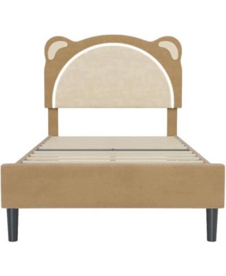 Twin Kids Upholstered Platform Bed Frame with Adjustable Headboard, LED Light, Wood Slats, No Box Spring, Coffee