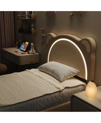 Twin Kids Upholstered Platform Bed Frame with Adjustable Headboard, Drawer, LED Light, Wood Slats, No Box Spring, Coffee