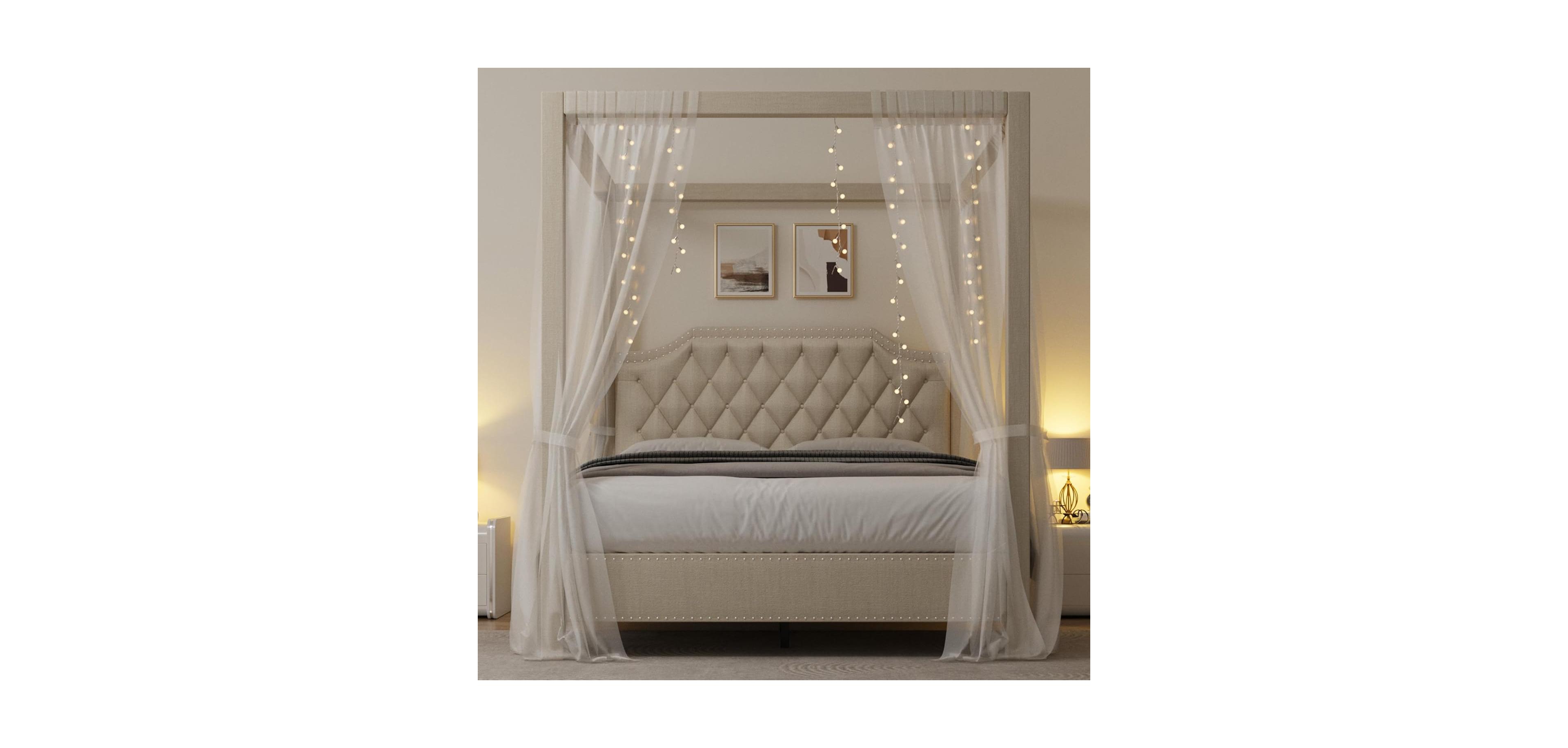 gaomon Full Size Canopy Bed Frame with Nailhead Upholstered Headboard, Corner Poles, Solid Wood Slats, Beige