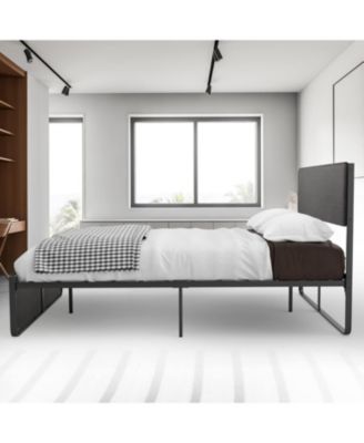 Full Size Bed Frame Modern Platform with Linen Headboard & Footboard Steel Slats Storage No Box Spring