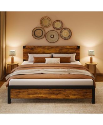 King Size Bed Frame with Wooden Headboard Platform Design Underbed Storage Metal Legs Rustic Brown