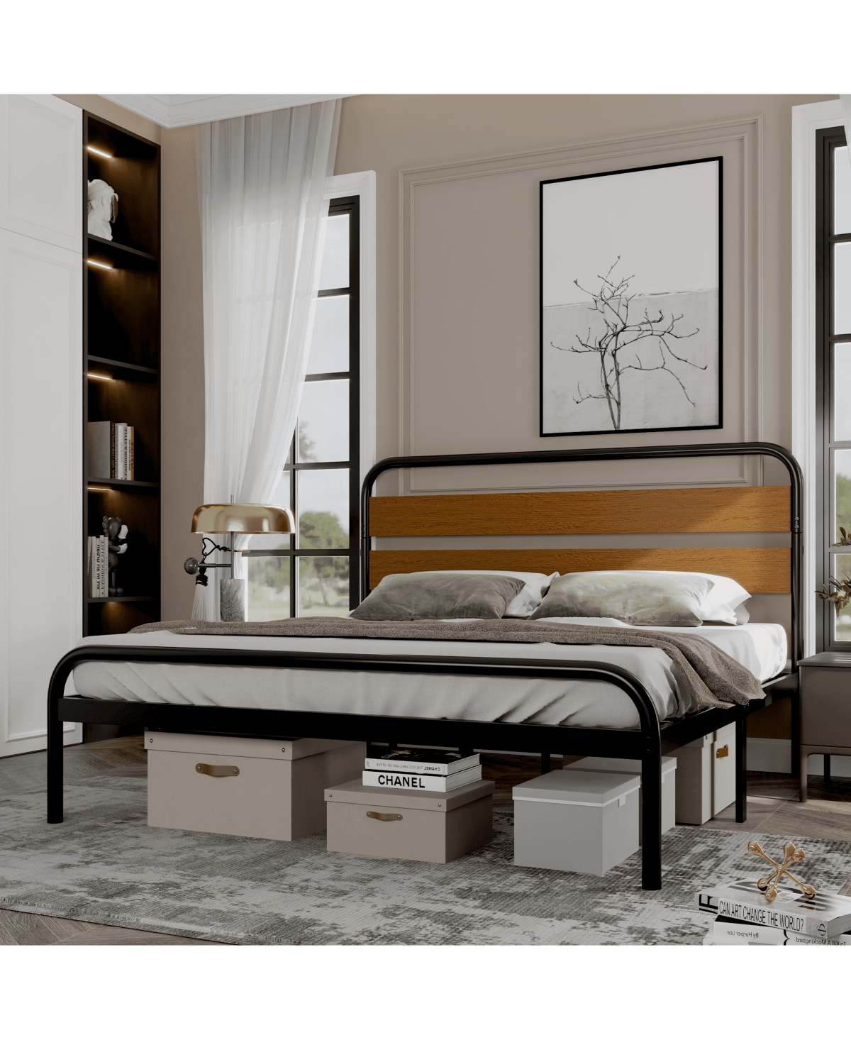 gaomon King Size Metal Platform Bed Frame with Wooden Headboard Heavy Duty Noise-Free Underbed Storage Rustic Light Brown