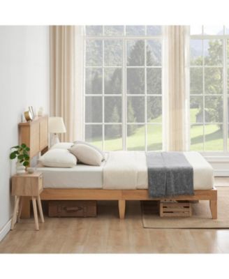 King Size Solid Wood Rattan Headboard with LED Lights Silent Slats Bohemian Platform Bed Frame