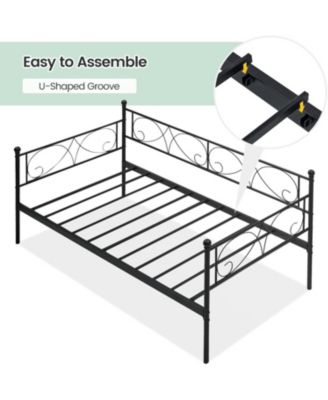 Twin Daybed with Trundle Metal Bed Floral Headboard Steel Slats Pull-Out Sofa White