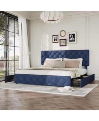 King Size Platform Bed Frame Adjustable Headboard 4 Drawers Modern Grey Upholstered with Footboard Wood Slats