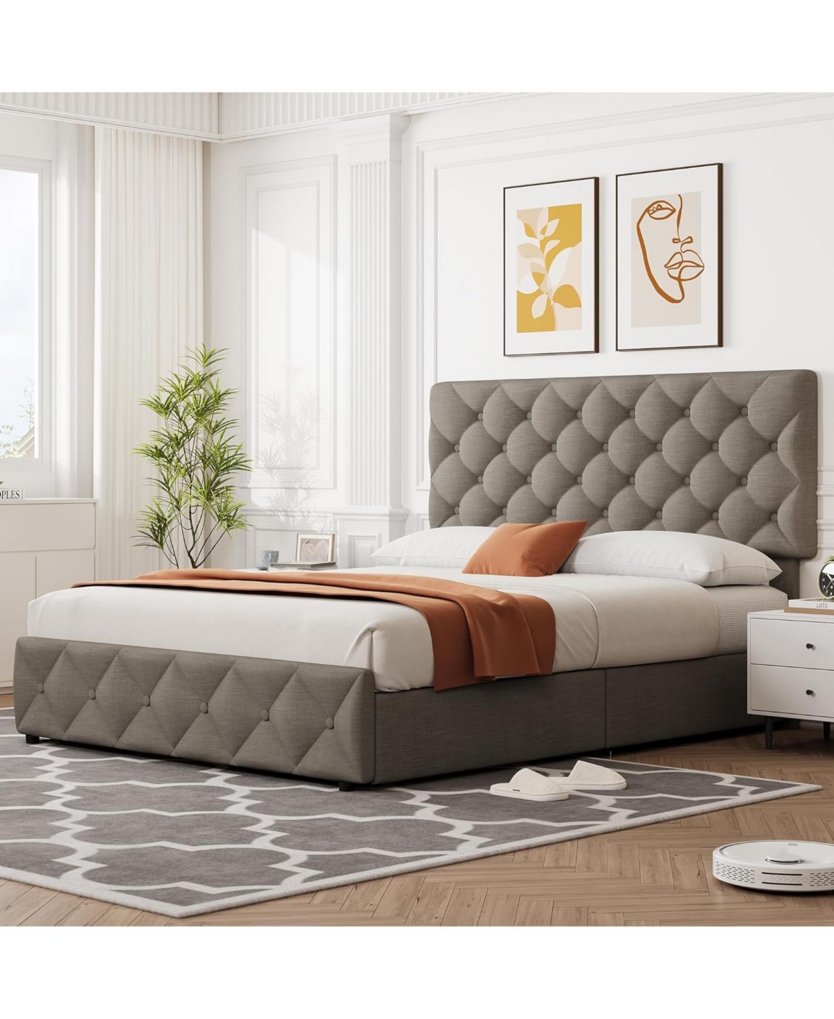 gaomon Queen Size Platform Bed Frame Adjustable Headboard 4 Drawers Modern Upholstered with Footboard Wood Slats