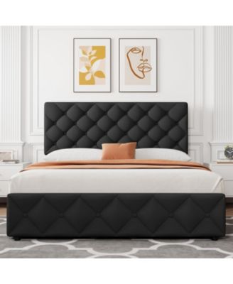 Queen Size Platform Bed Frame Adjustable Headboard 4 Drawers Modern Grey Upholstered with Footboard Wood Slats