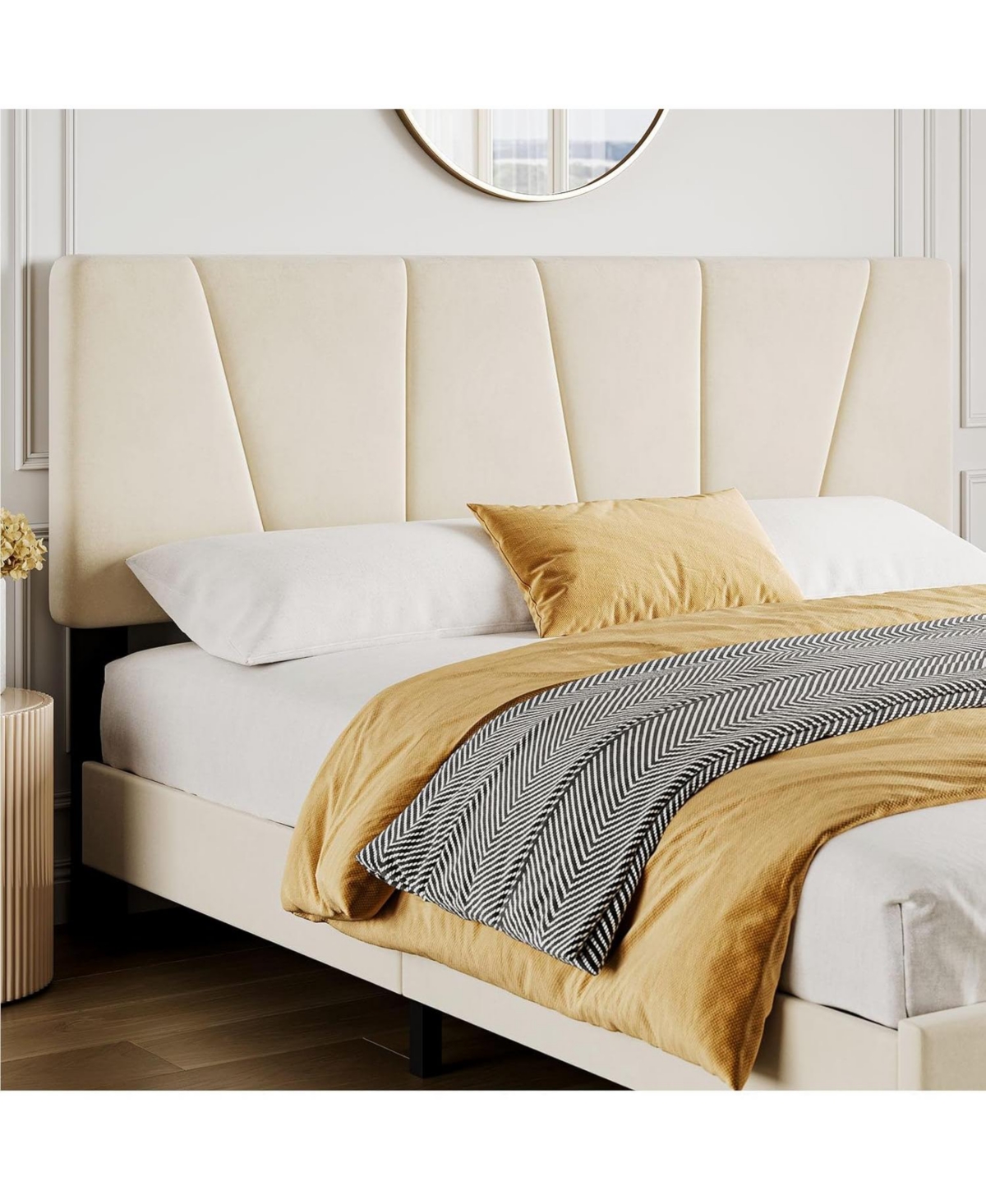 King Bed Frame with Adjustable Linen Upholstered Diagonal Channel Tufted Headboard Wooden Slats Box Spring Optional Beige