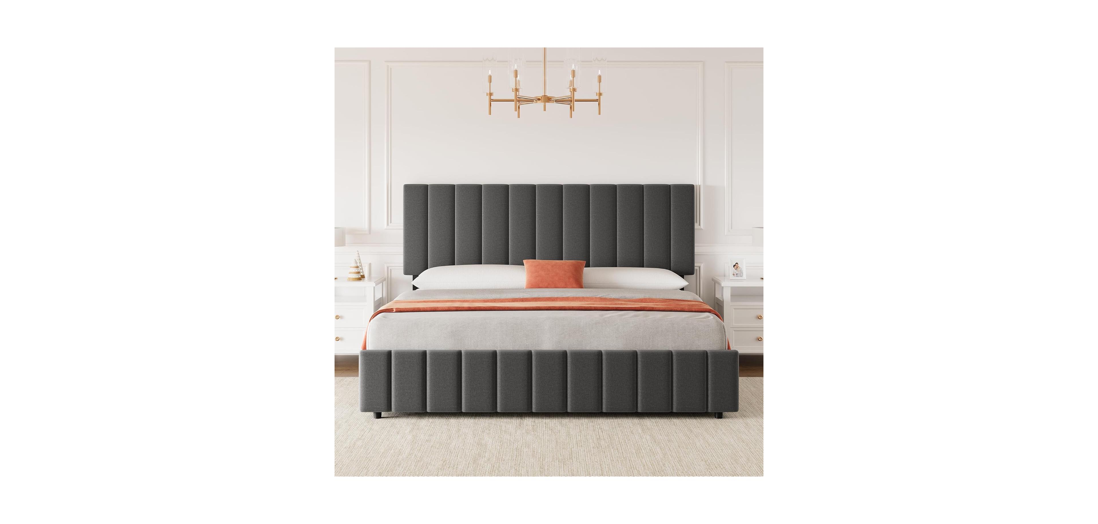 gaomon Full Linen Upholstered Platform Bed Frame 4 Storage Drawers Adjustable Headboard Wooden Slats