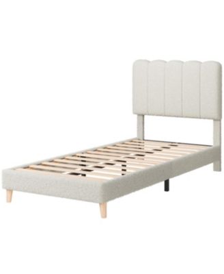 Twin XL Bed Frame Boucle Upholstered Wave Headboard Low Profile Kids Girls Boys Wooden Slats No Box Spring Beige