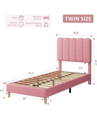 Twin Bed Frame Boucle Upholstered Wave Headboard Girls Kids Wooden Slats No Box Spring Light Pink