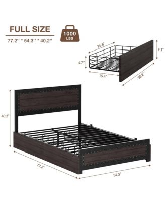 Full Bed Frame with Headboard Industrial Platform Charging Station 4 Storage Drawers Metal Slats Dark Grey
