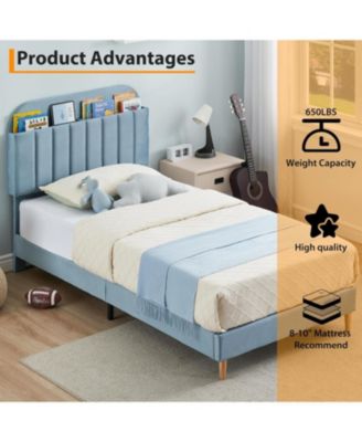 Twin Bed Frame with Storage Headboard Velvet Upholstered Platform for Girls Wooden Slats Noise Free Easy Assembly
